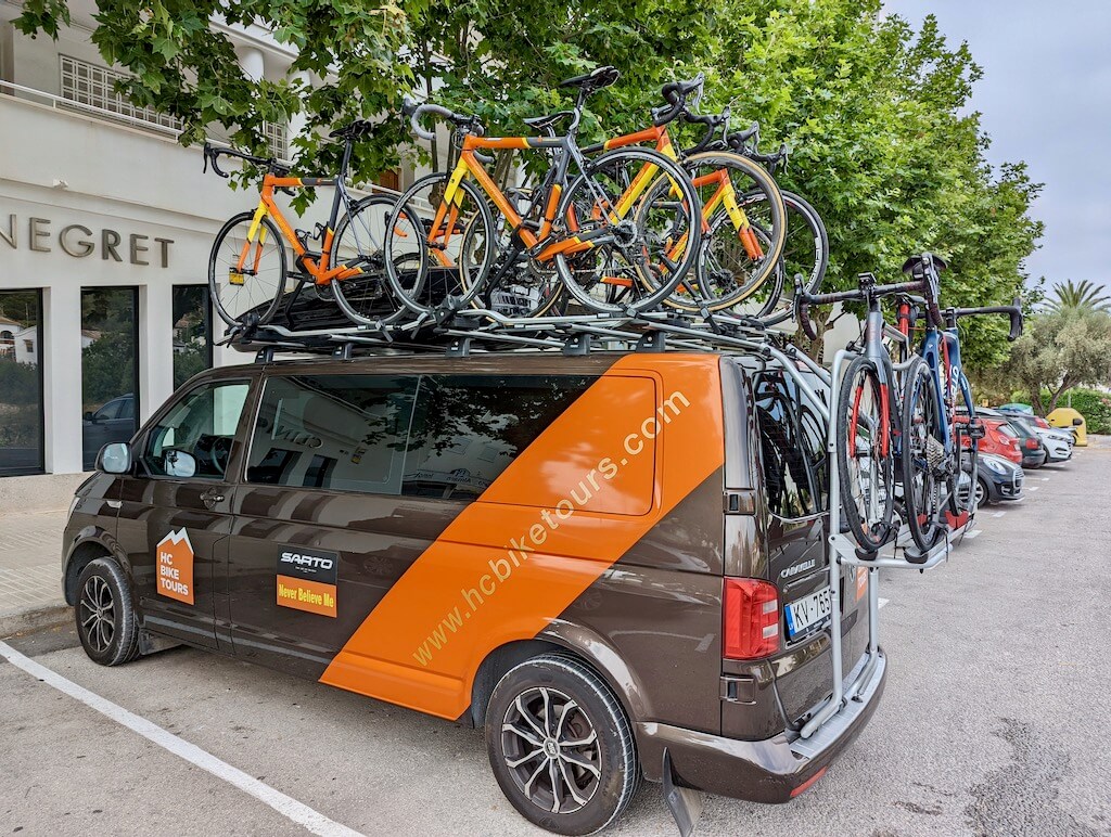 HC Bike Tours comfortable SAG van ready fo the trip with Sarto rental bikes loaded and prepared for the guests