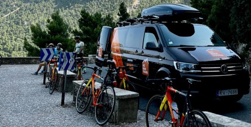 HC Bike Tours SAG van parked before Tunel de Monnaber during supported ride to Sa Colobra in Mallorca, Spain