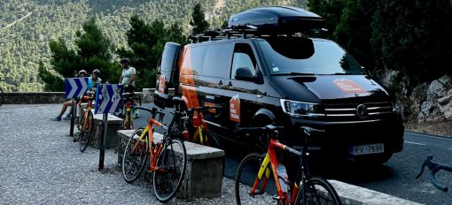HC Bike Tours SAG van parked before Tunel de Monnaber during supported ride to Sa Colobra in Mallorca, Spain