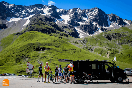 Cyclists regrouping at HC Bike Tours SAG van during Tour de France viewing tour in French Alps