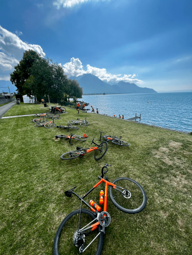 Sarto road bikes laying in the grass at lake Geneva at a photo stop during family bike trip from Annecy to Geneva