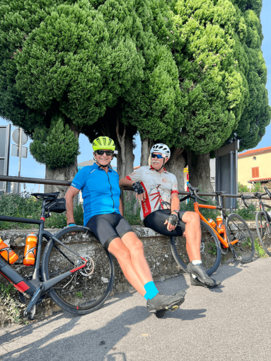 Cyclists enjoying rest stop during a bike trip in Slovenia
