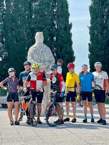 Cyclists posing for a picture during a ride outside Portorož during a bike trip in Slovenia
