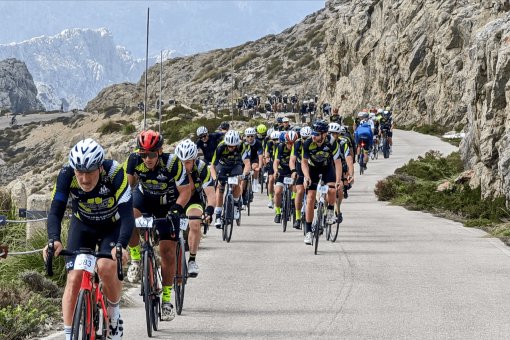 Cyclists ascending Puig Major in Mallorca during La Perez Gran Fondo 2023