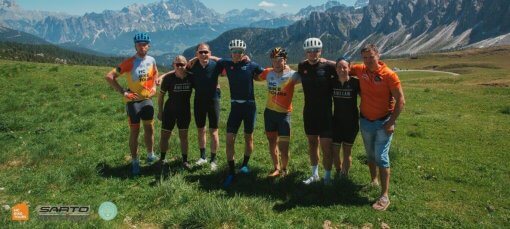 Group of cyclists in the Dolomites Italy | HC Bike Tours team with our guests from the USA